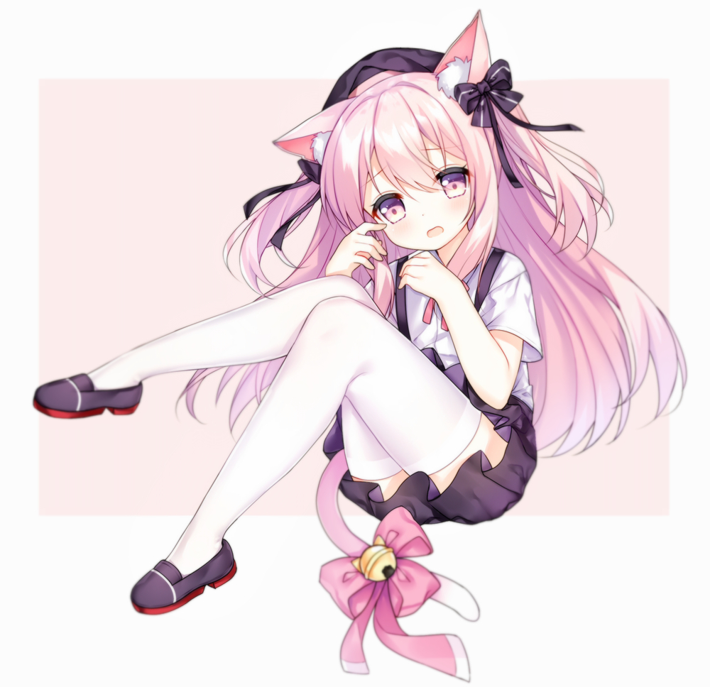1girl animal_ear_fluff animal_ears azur_lane bell black_footwear black_headwear black_skirt cat_ears cat_tail commentary_request full_body hand_to_own_mouth hat jingle_bell kisaragi_(azur_lane) legs_up long_hair open_mouth pink_background pink_eyes pink_hair ribbon school_uniform shirt shoes short_sleeves simple_background sitting skirt solo suspender_skirt suspenders tail tail_ornament tail_ribbon tengxiang_lingnai thigh-highs two_side_up white_legwear white_shirt