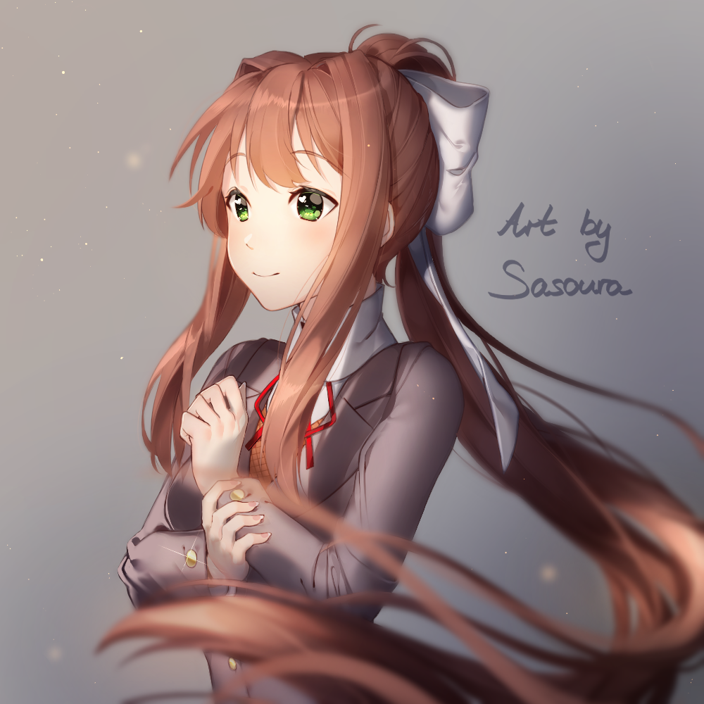 1girl artist_name blurry blurry_foreground brown_hair commentary depth_of_field doki_doki_literature_club english_commentary eyebrows_visible_through_hair green_eyes grey_background grey_jacket hair_ribbon heart heart_in_eye jacket long_hair long_sleeves monika_(doki_doki_literature_club) ponytail ribbon sasoura school_uniform sidelocks simple_background smile solo symbol_in_eye upper_body very_long_hair white_ribbon