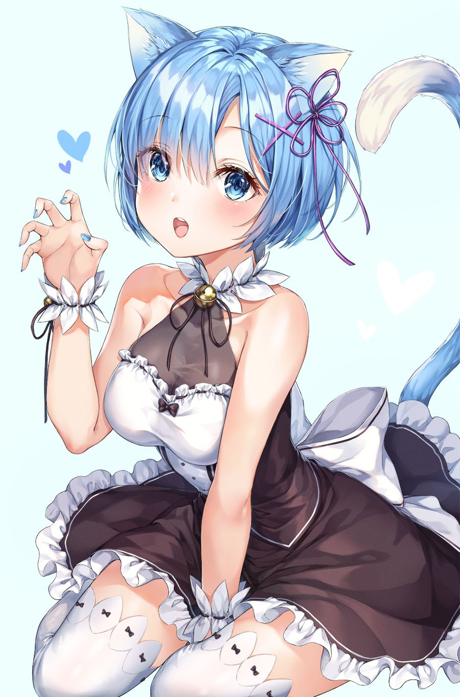 1girl :o alternate_costume animal_ears bare_arms bare_shoulders bell between_legs black_dress blue_background blue_eyes blue_hair blue_nails breasts cat_ears cat_girl cat_tail claw_pose collarbone dress frilled_dress frills hair_ornament halter_dress halterneck hand_up heart highres jingle_bell kemonomimi_mode looking_at_viewer medium_breasts nail_polish parted_lips r_o_ha re:zero_kara_hajimeru_isekai_seikatsu rem_(re:zero) ribbon short_hair simple_background sitting sleeveless sleeveless_dress solo tail tail_raised taut_clothes taut_dress thigh-highs white_legwear white_ribbon wrist_cuffs x_hair_ornament zettai_ryouiki