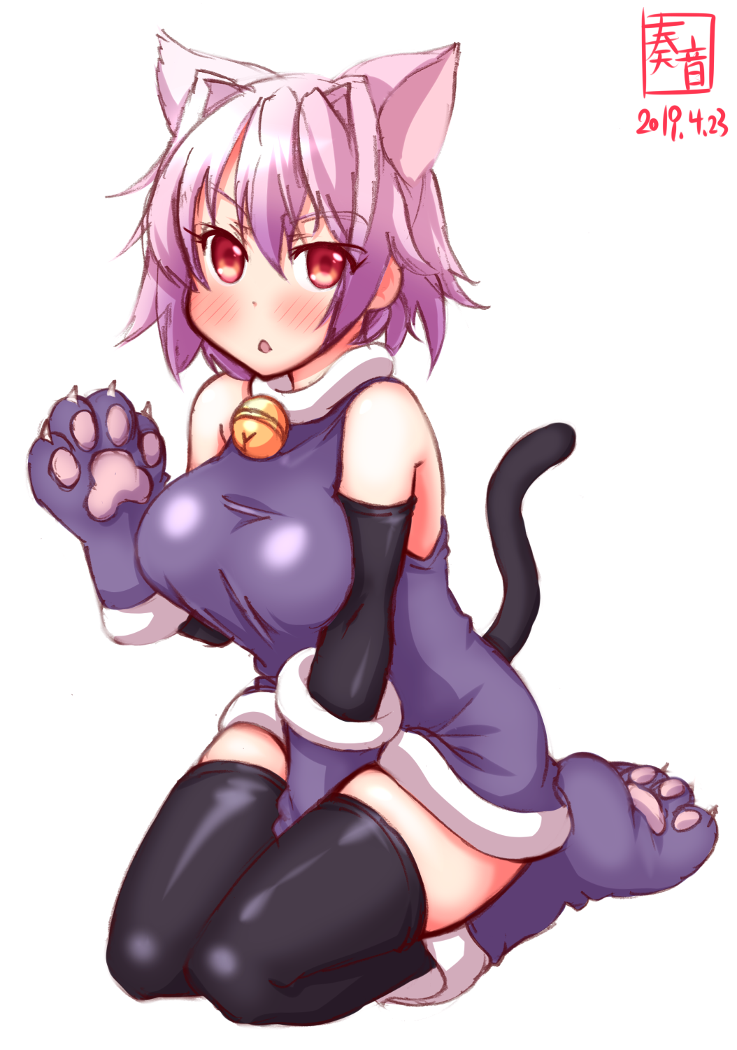 1girl alternate_costume animal_ears artist_logo bell black_gloves black_legwear cat_ears cat_tail commentary_request dated dress elbow_gloves full_body gloves highres jingle_bell kanon_(kurogane_knights) kantai_collection looking_at_viewer paw_boots paw_gloves paws pink_hair purple_dress red_eyes seiza short_hair simple_background sitting solo tail tama_(kantai_collection) thigh-highs white_background