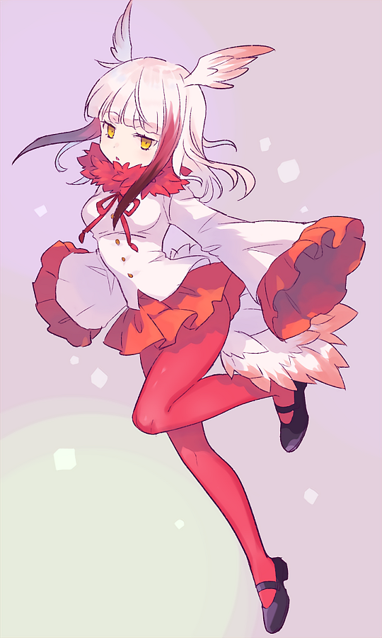 1girl bangs bird_tail bird_wings black_hair commentary_request eyebrows_visible_through_hair frilled_sleeves frills full_body fur_collar head_wings japanese_crested_ibis_(kemono_friends) kemono_friends long_hair long_sleeves mary_janes neck_ribbon pantyhose pleated_skirt red_legwear redhead ribbon shoes sidelocks skirt solo user_vksx3745 white_hair wings yellow_eyes