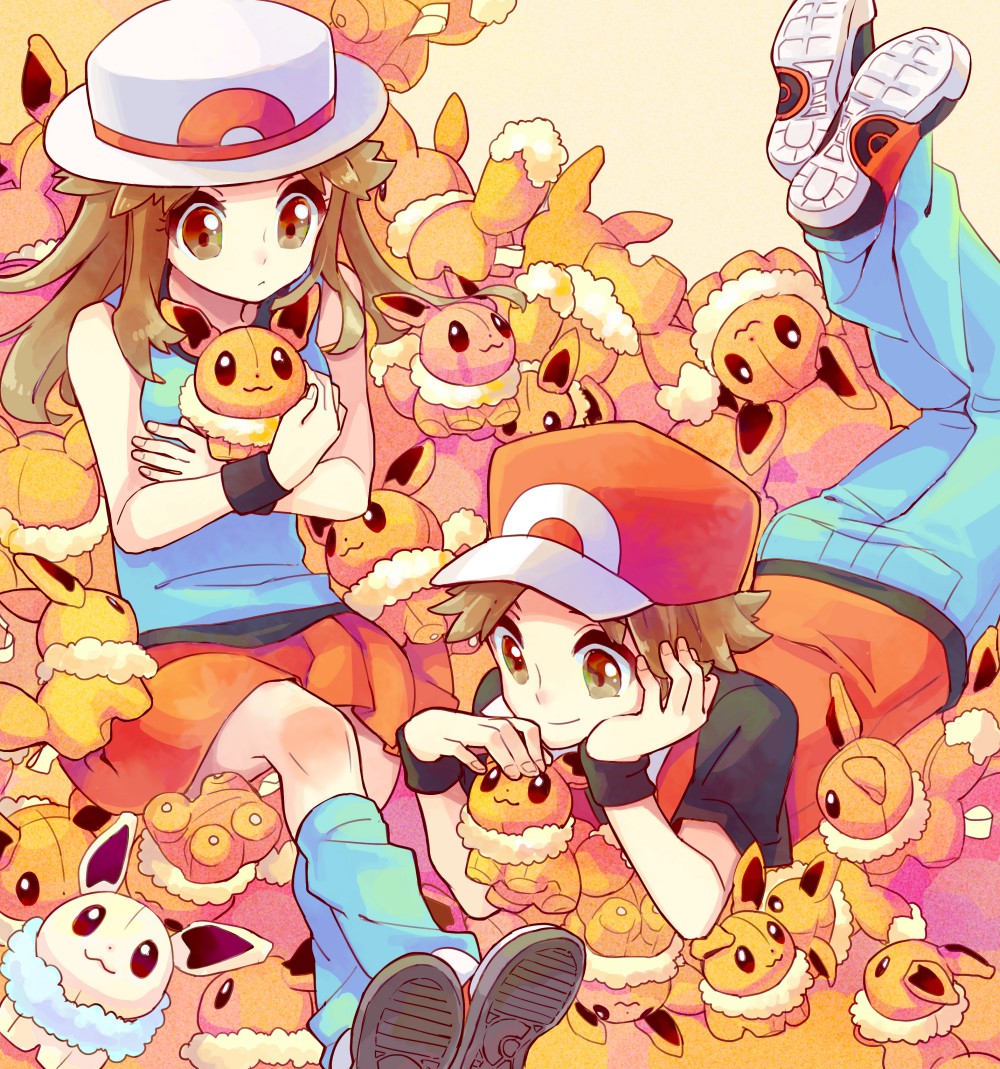 1boy 1girl alternate_color baseball_cap black_wristband blue_(pokemon) brown_eyes brown_hair creatures_(company) eevee game_freak gen_1_pokemon hat long_hair lying nintendo on_stomach pokemon pokemon_(game) pokemon_frlg porkpie_hat red_(pokemon) red_headwear rikovui shiny_pokemon stuffed_toy white_headwear wristband