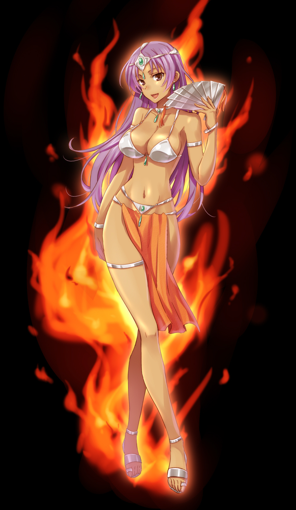 1girl :d armlet black_background bra bracelet breasts brown_eyes cleavage dark_skin dragon_quest dragon_quest_iv earrings fan fire full_body grey_bra highres holding holding_fan jewelry large_breasts long_hair looking_at_viewer manya navel open_mouth purple_hair shiny shiny_hair sideboob smile solo standing thighlet umetofu underwear very_long_hair