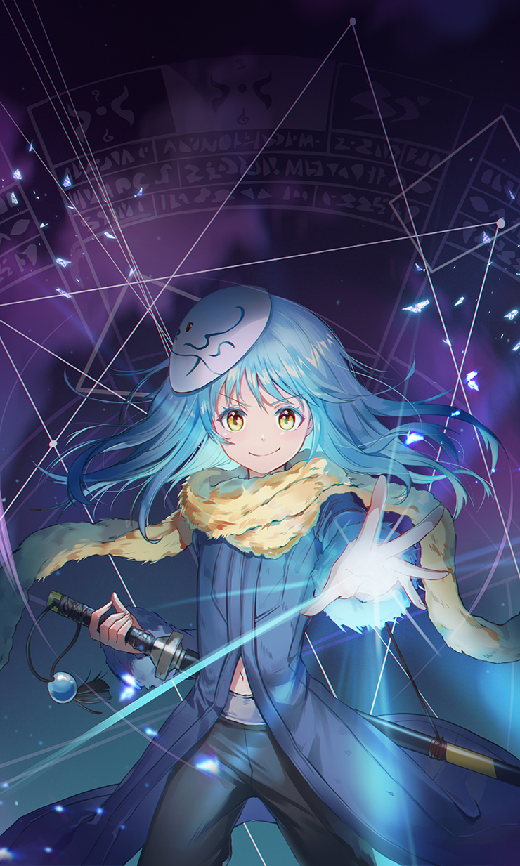 1other androgynous black_pants blue_hair brown_scarf closed_mouth eyebrows_visible_through_hair flat_chest highres holding holding_sword holding_weapon looking_at_viewer mask mask_on_head navel oso_5425 pants rimuru_tempest scarf sheath sheathed smile sword tensei_shitara_slime_datta_ken weapon yellow_eyes