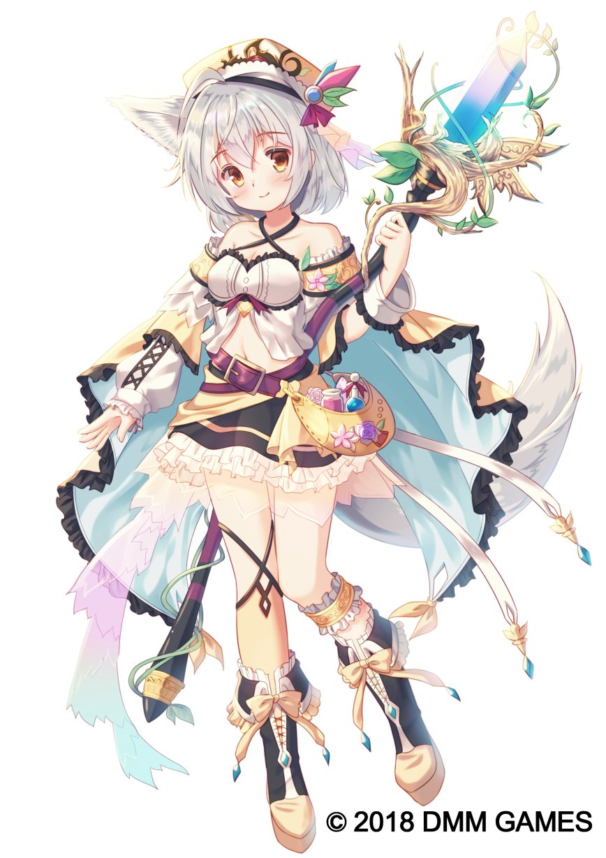 1girl animal_ears bare_legs belt boots breasts cape character_request crystal dmm fox_ears fox_tail frilled_cape frilled_skirt frills full_body gemini_seed hat highres long_sleeves medium_breasts miniskirt misaki_yuu navel official_art potion pouch short_hair silver_hair simple_background skirt smile staff tail vial white_background yellow_eyes