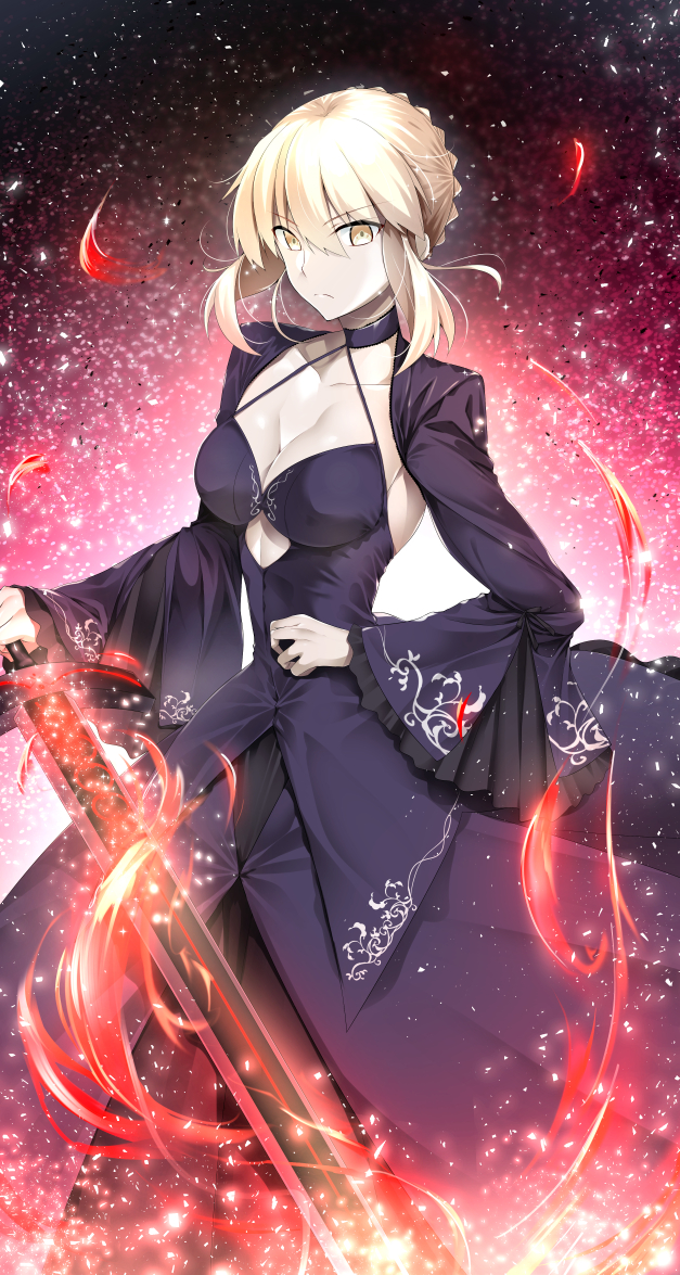 &gt;:( 1girl artoria_pendragon_(all) aura bangs black_dress blonde_hair braid breasts brown_eyes cleavage closed_mouth collarbone dark_aura dark_excalibur dress eyebrows_visible_through_hair fate/stay_night fate_(series) hair_between_eyes holding holding_sword holding_weapon long_sleeves looking_at_viewer medium_breasts pale_skin saber_alter sasakuma_kyouta sidelocks signature solo sword v-shaped_eyebrows weapon wide_sleeves