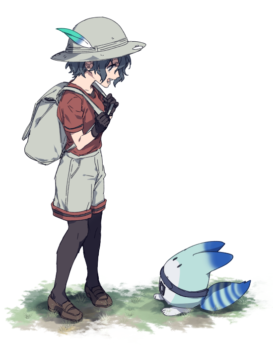 1girl backpack bag black_hair commentary_request full_body gloves grass hat_feather helmet holding_strap kaban_(kemono_friends) kemono_friends loafers looking_at_another lucky_beast_(kemono_friends) pantyhose pith_helmet shirt shoes short_hair short_sleeves shorts standing sumida00rio t-shirt tail