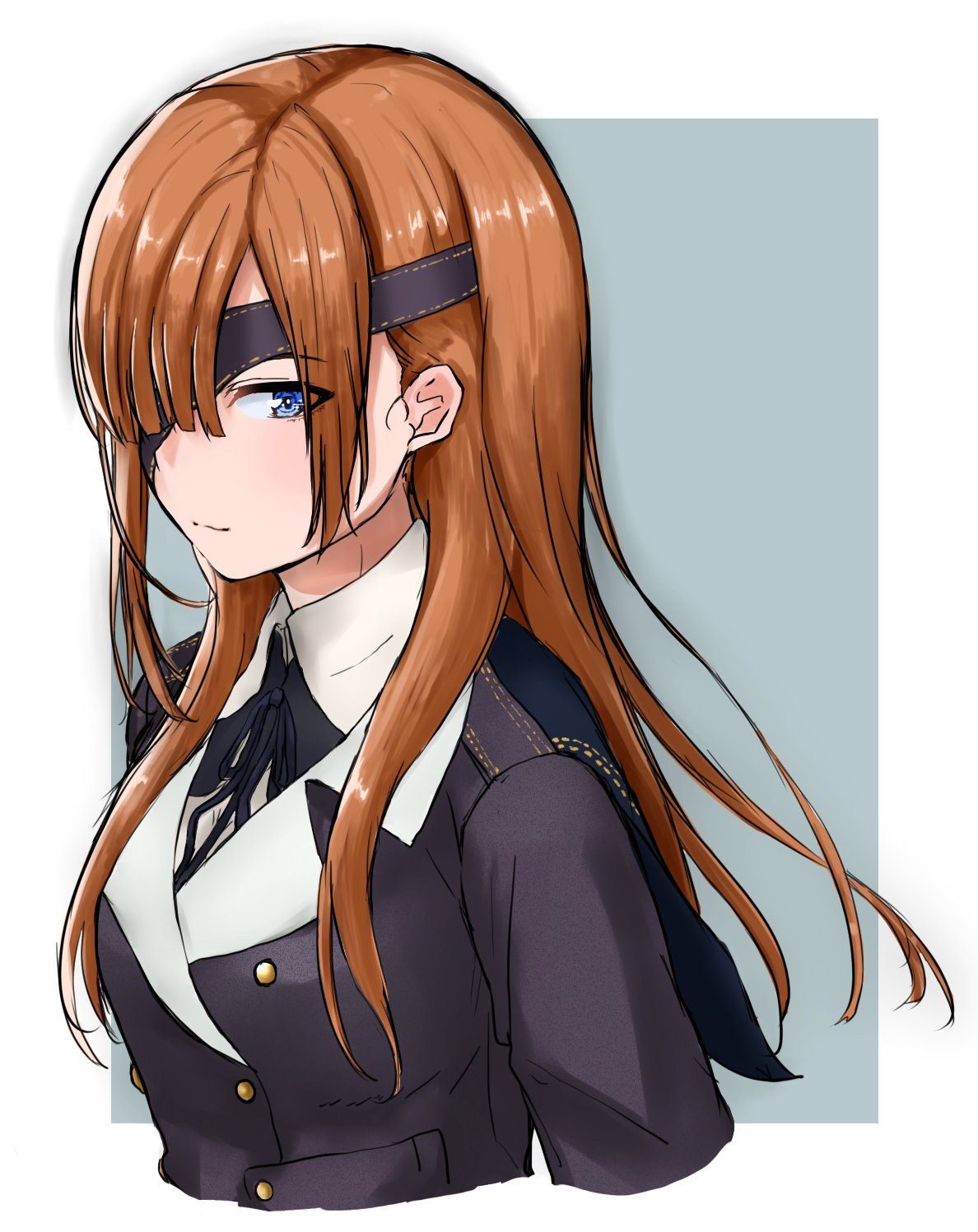 1girl bangs black_jacket black_neckwear blue_eyes brown_hair closed_mouth collared_shirt commentary cropped_torso double-breasted dress_shirt eyepatch fate/grand_order fate_(series) green_background hair_over_one_eye highres jacket light_smile long_hair long_sleeves looking_at_viewer neck_ribbon ophelia_phamrsolone outside_border ribbon shichisaburo shirt solo upper_body white_shirt wing_collar