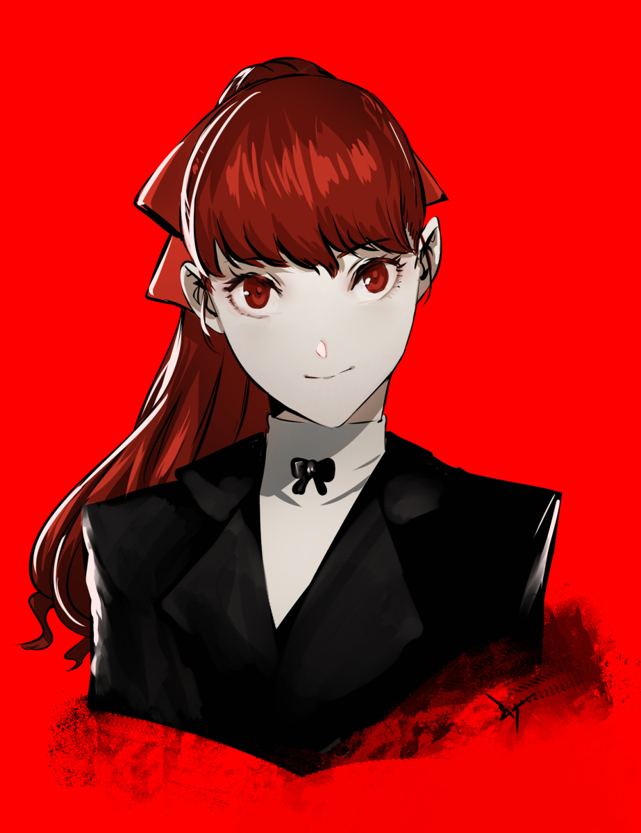 1girl bangs black_bow bow closed_mouth ex-trident eyebrows_visible_through_hair face highres medium_hair persona persona_5 persona_5_the_royal ponytail red_background red_bow red_eyes redhead simple_background smile solo turtleneck yoshizawa_kasumi