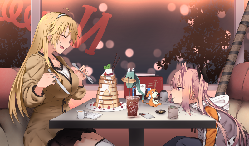 2girls 80mph ahoge berries blonde_hair branch cellphone closed_eyes commentary_request cream creamer_(vessel) cup feeding food fork hair_ribbon hairband head_on_table hood hooded_track_jacket ice ice_cream ice_cube jacket knife kohagura_ellen leaf legs_together long_hair mashiko_kaoru menu multiple_girls nene_(toji_no_miko) open_mouth osafune_girls_academy_uniform pancake phone pink_eyes pink_hair restaurant ribbon school_uniform sheath skirt smartphone soft_drink straw table teacup thigh-highs toji_no_miko track_jacket tree twintails window