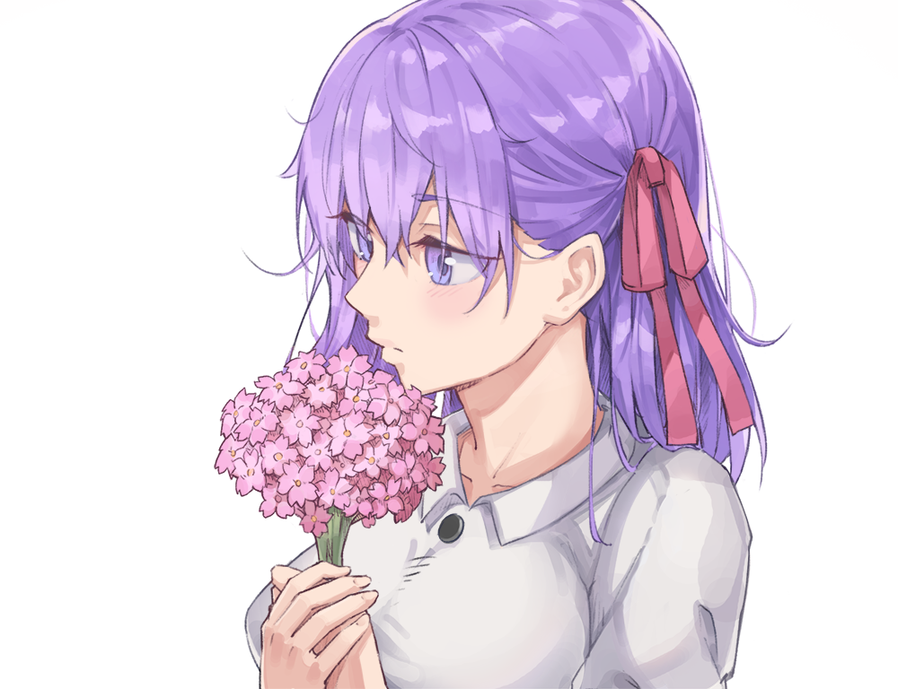 1girl blue_eyes bouquet cchhii3 collarbone collared_shirt eyebrows_visible_through_hair fate/stay_night fate_(series) flower hair_between_eyes hair_ribbon holding holding_bouquet long_hair matou_sakura pink_flower portrait profile purple_hair red_ribbon ribbon shiny shiny_hair shirt simple_background solo white_background white_shirt wing_collar