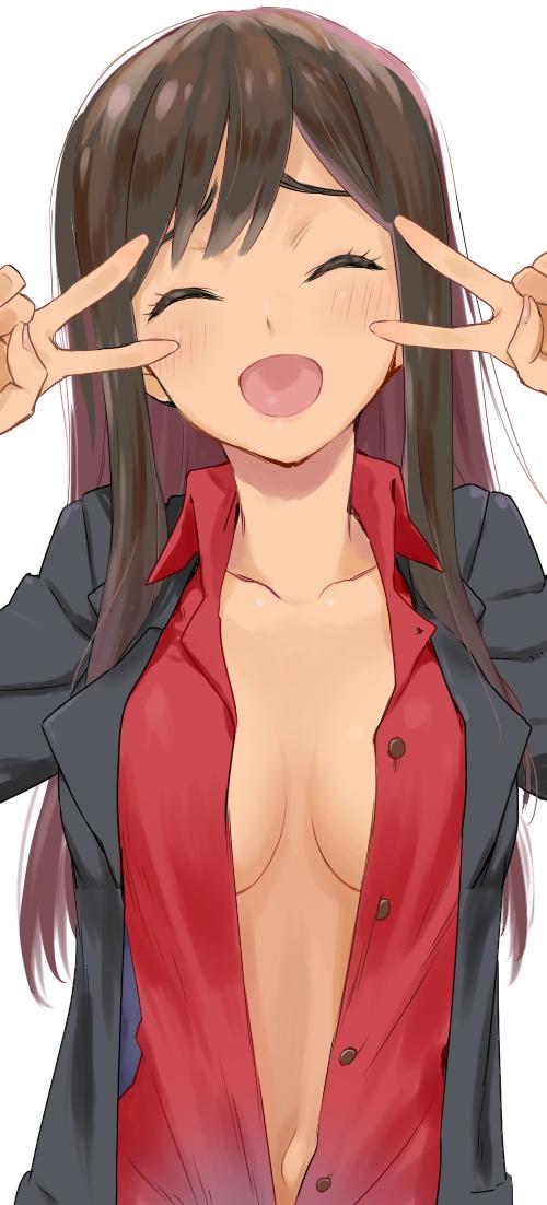 1girl blush breasts brown_hair cleavage cowboy_shot double_bun fernandia_malvezzi homare_(homaredai) jacket long_hair medium_breasts navel open_mouth red_skirt skirt solo strike_witches tan unbuttoned white_background world_witches_series