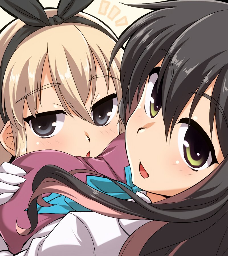 /\/\/\ 2girls black_eyes black_hair blonde_hair breasts close-up commentary_request fang gloves grey_eyes hairband kantai_collection large_breasts long_hair looking_at_viewer multicolored_hair multiple_girls naganami_(kantai_collection) open_mouth pink_hair shimakaze_(kantai_collection) smile two-tone_hair upper_body wavy_hair white_gloves yoshi_tama