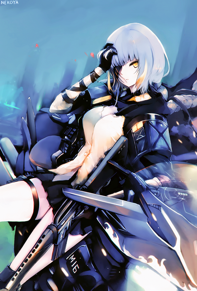 1girl arm_up bangs black_jacket black_skirt breasts building character_name cityscape clouds cloudy_sky commentary_request dress_shirt dyolf eyepatch fog girls_frontline glowing glowing_eye hand_in_hair head_tilt hood hood_down hooded_jacket jacket long_hair m16a1_(girls_frontline) m16a1_(girls_frontline)_(boss) medium_breasts miniskirt multicolored_hair open_clothes open_jacket overcast parted_lips pleated_skirt shirt signature silver_hair skirt sky skyscraper solo streaked_hair white_shirt yellow_eyes
