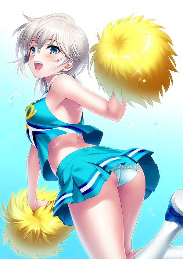 1girl anastasia_(idolmaster) ass bangs bare_shoulders blue_background blue_eyes blue_panties blue_skirt blush breasts cheerleader crop_top crop_top_overhang gradient gradient_background hair_between_eyes idolmaster idolmaster_cinderella_girls looking_at_viewer looking_back medium_breasts midriff miniskirt open_mouth panties pleated_skirt pom_poms short_hair silver_hair skirt sleeveless smile solo sweat thighs underwear zen