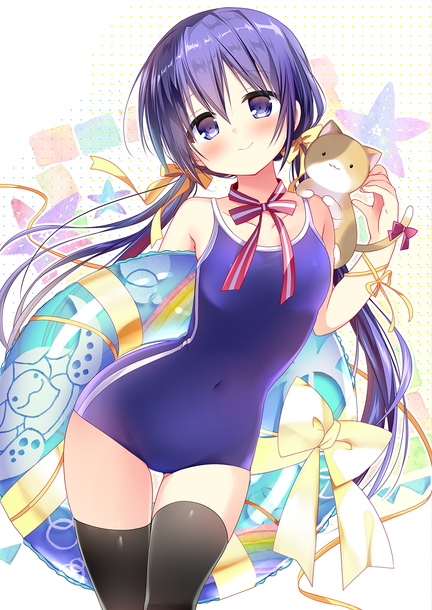 1girl :3 animal animal_on_shoulder ass_visible_through_thighs bangs bare_arms bare_shoulders black_legwear blue_swimsuit blush bow breasts cat_on_shoulder closed_mouth commentary_request covered_navel eyebrows_visible_through_hair fingernails hair_between_eyes hair_ribbon hand_up head_tilt highres innertube long_hair low_twintails nagayama_yuunon one-piece_swimsuit original purple_hair red_bow ribbon school_swimsuit small_breasts smile solo star swimsuit tail tail_bow thigh-highs thigh_gap transparent twintails very_long_hair violet_eyes yellow_ribbon
