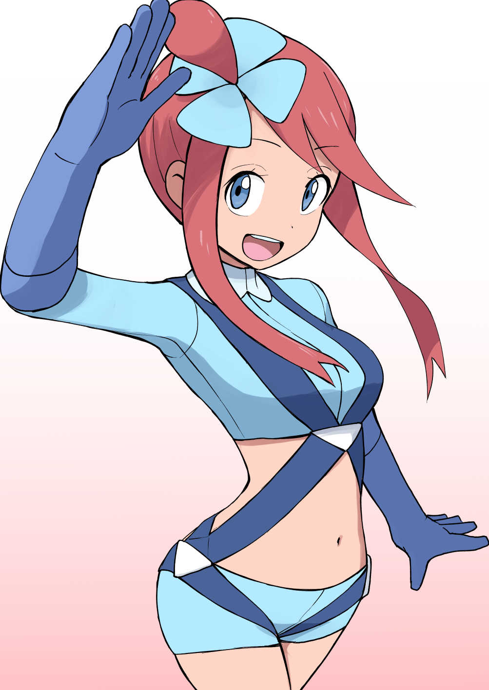 1girl :d arm_up blue_eyes breasts cowboy_shot creatures_(company) fuuro_(pokemon) game_freak gloves gym_leader hair_bun hair_ornament highres long_sleeves looking_at_viewer midriff navel nintendo open_mouth pokemon pokemon_(game) pokemon_bw redhead short_shorts shorts sidelocks smile solo waving yuzuchiri