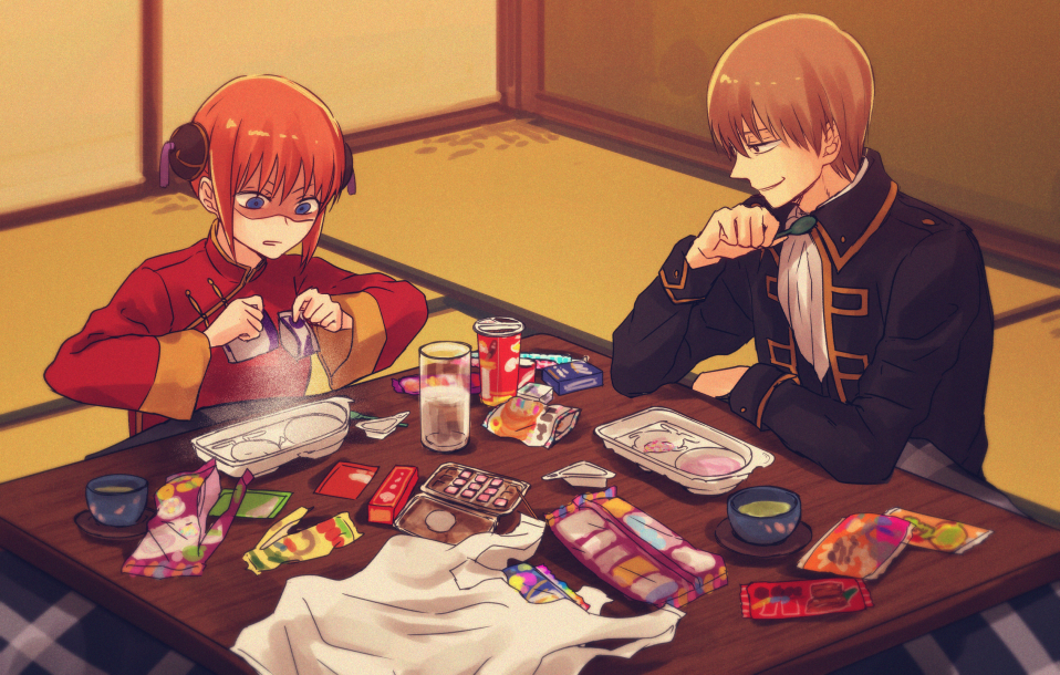 1boy 1girl black_jacket blue_eyes brown_hair china_dress chinese_clothes double_bun dress food gintama holding holding_spoon indoors jacket kagura_(gintama) kotatsu long_sleeves okita_sougo open_mouth orange_hair red_dress red_eyes shinsengumi_(gintama) short_hair sitting smile smug spoon szzz_k table under_kotatsu under_table white_neckwear