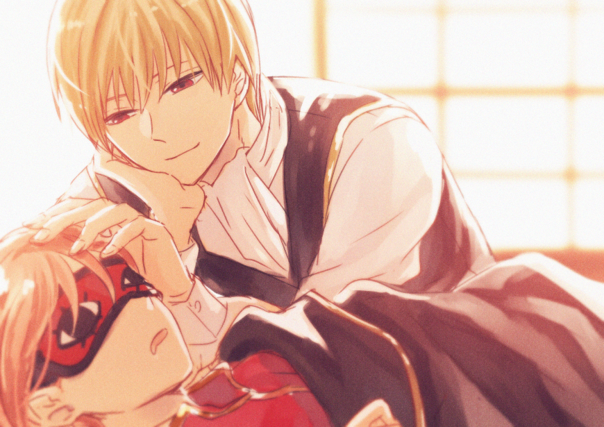 1boy 1girl brown_hair chin_rest couple drooling gintama hand_on_another's_head indoors kagura_(gintama) long_sleeves lying okita_sougo on_back open_mouth red_eyes red_shirt shirt short_hair sleeping szzz_k under_covers white_neckwear white_shirt