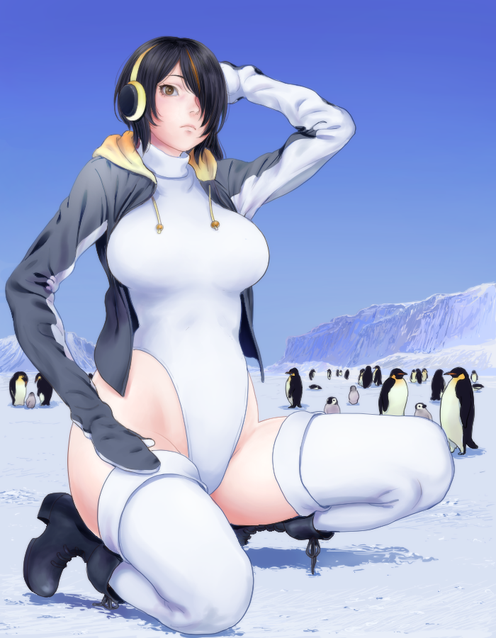 1girl 6+others bird black_footwear black_hair blue_sky boots brown_eyes creature_and_personification cross-laced_footwear day drawstring emperor_penguin emperor_penguin_(kemono_friends) full_body gradient_sky hair_over_one_eye headphones highleg highleg_leotard hood hoodie itou_korosuke kemono_friends lace-up_boots leotard long_hair looking_at_viewer mountain multicolored_hair multiple_others open_clothes open_hoodie outdoors penguin sky squatting streaked_hair thick_thighs thigh-highs thighs white_legwear white_leotard