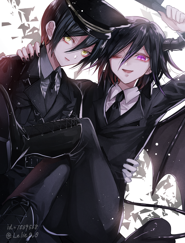 2boys artist_name black_footwear black_headwear black_jacket black_nails black_neckwear boots commentary_request dangan_ronpa demon_horns demon_tail eyebrows_visible_through_hair hair_between_eyes hat horns jacket male_focus multiple_boys nail_polish necktie new_dangan_ronpa_v3 one_eye_closed ouma_kokichi saihara_shuuichi shirt tail violet_eyes white_shirt yaoi yellow_eyes z-epto_(chat-noir86)