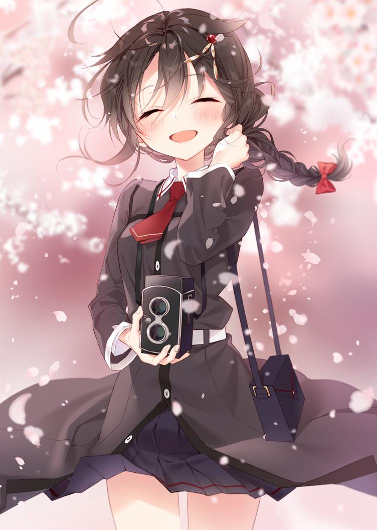 1girl ahoge bag black_coat black_hair black_serafuku braid camera cherry_blossoms closed_eyes coat cowboy_shot facing_viewer hair_flaps hair_ornament hair_over_shoulder hair_ribbon kantai_collection long_hair naoto_(tulip) neckerchief open_mouth red_neckwear remodel_(kantai_collection) ribbon school_uniform serafuku shigure_(kantai_collection) single_braid smile solo