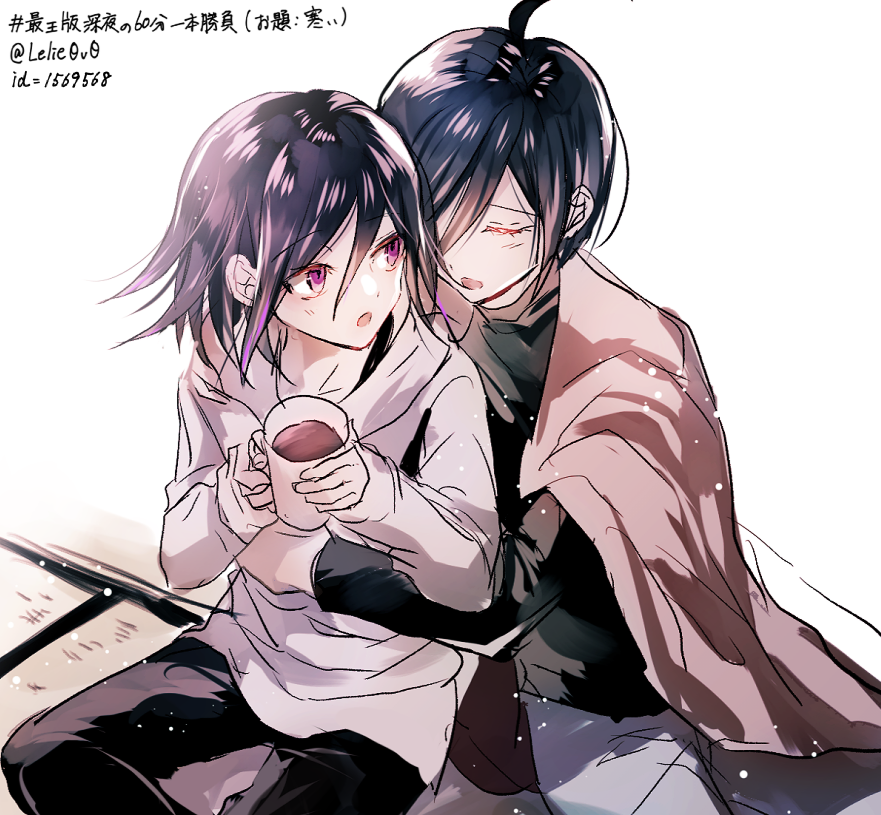 2boys ahoge alternate_costume artist_name black_hair black_legwear blanket closed_eyes commentary_request cup dangan_ronpa eyebrows_visible_through_hair hair_between_eyes holding holding_cup hug hug_from_behind male_focus medium_hair multiple_boys new_dangan_ronpa_v3 ouma_kokichi pants purple_hair saihara_shuuichi simple_background sitting sweater translation_request violet_eyes white_background z-epto_(chat-noir86)