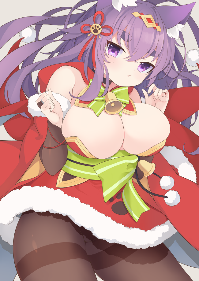 1girl animal_ears azur_lane bare_shoulders bell bell_collar breasts cat_ears christmas cleavage collar detached_sleeves eyebrows_behind_hair gyusukiudon hair_ornament japanese_clothes large_breasts long_hair looking_at_viewer pantyhose purple_hair solo thick_eyebrows urakaze_(azur_lane) violet_eyes