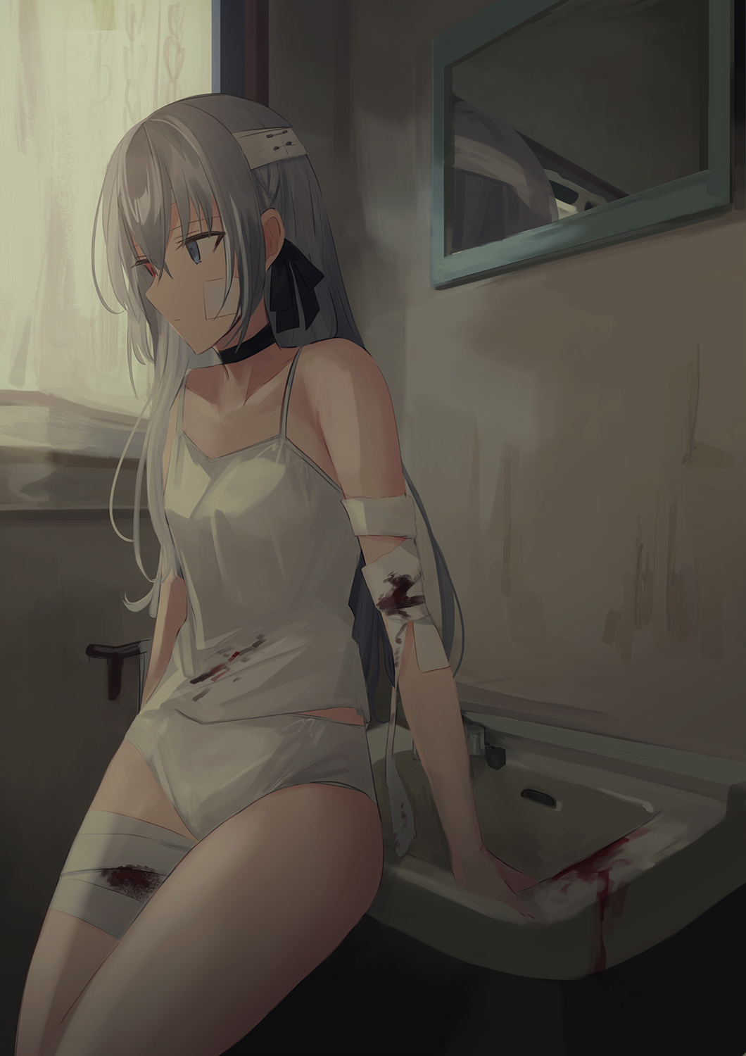 1girl arm_support bandage bandaged_arm bandaged_leg bandages bangs bare_shoulders black_choker black_ribbon blood bloody_bandages blue_eyes breasts camisole chihuri choker closed_mouth collarbone curtains eyebrows_visible_through_hair grey_hair hair_between_eyes hair_ribbon heterochromia highres indoors long_hair mirror original panties red_eyes reflection ribbon sink small_breasts solo underwear underwear_only very_long_hair white_camisole white_panties