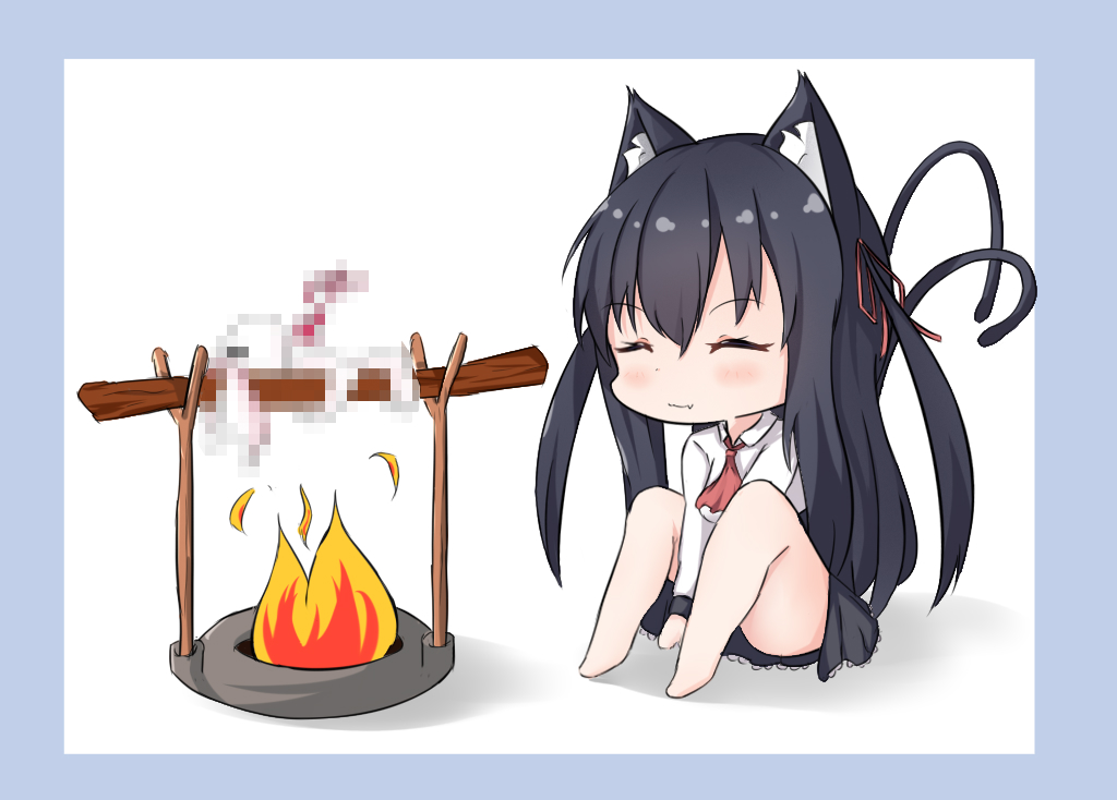 1girl animal_ear_fluff animal_ears ascot barefoot between_legs black_hair black_skirt blue_background blush burning campfire cat_ears cat_girl cat_tail censored chibi chisuzu_mei closed_eyes closed_mouth collared_shirt commentary_request fang fang_out fire hair_ribbon hand_between_legs long_hair long_sleeves mosaic_censoring multiple_tails nagato-chan paryi_project pleated_skirt red_neckwear red_ribbon ribbon shadow shirt sitting skirt solo tail tail_raised two-tone_background two_side_up two_tails very_long_hair virtual_youtuber white_background white_shirt