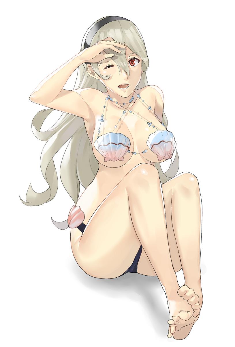 1girl ass bad_feet barefoot bikini female_my_unit_(fire_emblem_if) fire_emblem fire_emblem_cipher fire_emblem_if hair_between_eyes hair_ornament hairband highres j@ck long_hair mamkute my_unit_(fire_emblem_if) navel nintendo pointy_ears red_eyes silver_hair solo swimsuit white_background white_hair