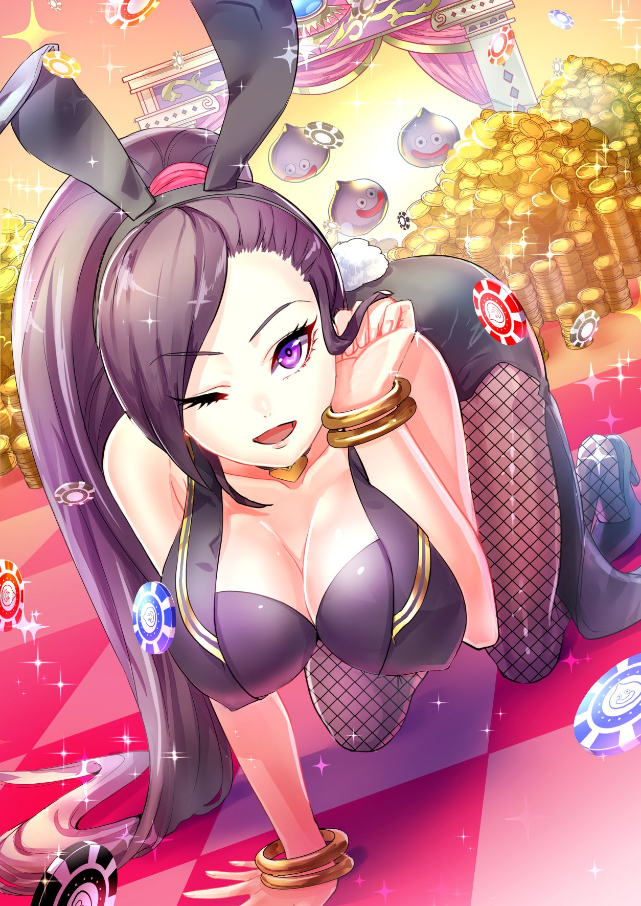 1girl ;d all_fours animal_ears bare_shoulders black_footwear black_hairband black_leotard bracelet breasts bunny_tail bunnysuit checkered checkered_floor cleavage coattails coin collarbone dragon_quest dragon_quest_xi erect_nipples eyebrows_visible_through_hair eyelashes fake_animal_ears fake_tail fingernails fishnet_pantyhose fishnets hairband hand_up heart high_heels highres jewelry large_breasts leotard long_hair looking_at_viewer martina_(dq11) metal_slime one_eye_closed open_mouth pantyhose poker_chip ponytail purple_hair rabbit_ears shoes slime_(dragon_quest) smile sparkle tail violet_eyes yuduki_(tt-yuduki)