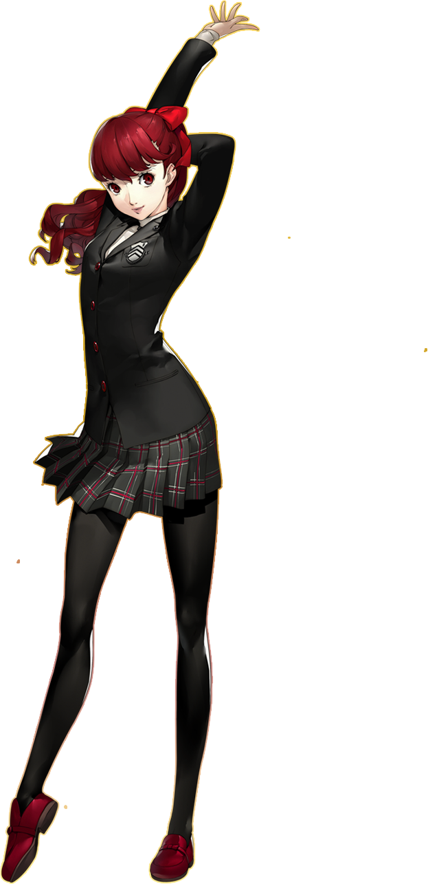 1girl arms_up badge black_legwear brown_eyes full_body hairband highres looking_at_viewer official_art pantyhose persona persona_5 persona_5_the_royal redhead school_uniform shuujin_academy_uniform skirt smile soejima_shigenori solo standing tiptoes transparent_background yoshizawa_kasumi