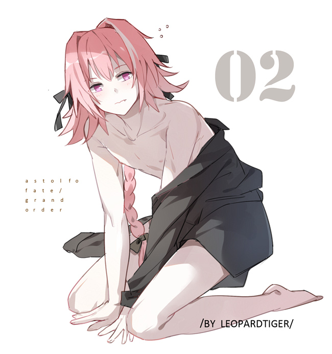 1boy artist_name astolfo_(fate) bishounen black_bow black_ribbon black_shirt blush bow braid copyright_name fang fate/apocrypha fate_(series) from_side hair_intakes hair_ribbon leopardtiger long_braid long_hair looking_at_viewer male_focus multicolored_hair no_pants numbered open_clothes open_shirt pink_hair ribbon seiza shirt shirt_slip simple_background single_braid sitting solo streaked_hair violet_eyes white_background