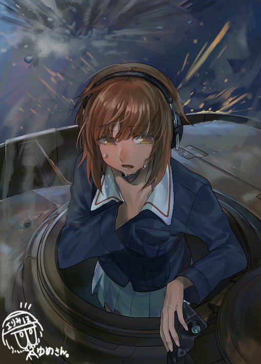 1girl artist_logo artist_name bangs binoculars blue_jacket brown_eyes brown_hair commentary_request girls_und_panzer ground_vehicle half-closed_eyes hand_on_own_throat headphones holding jacket long_sleeves military military_uniform military_vehicle miniskirt motor_vehicle nishizumi_miho ooarai_military_uniform outdoors panzerkampfwagen_iv partial_commentary pleated_skirt rain short_hair signature skirt solo sparks tank tank_cupola tracer_fire uniform veerinly wet white_skirt
