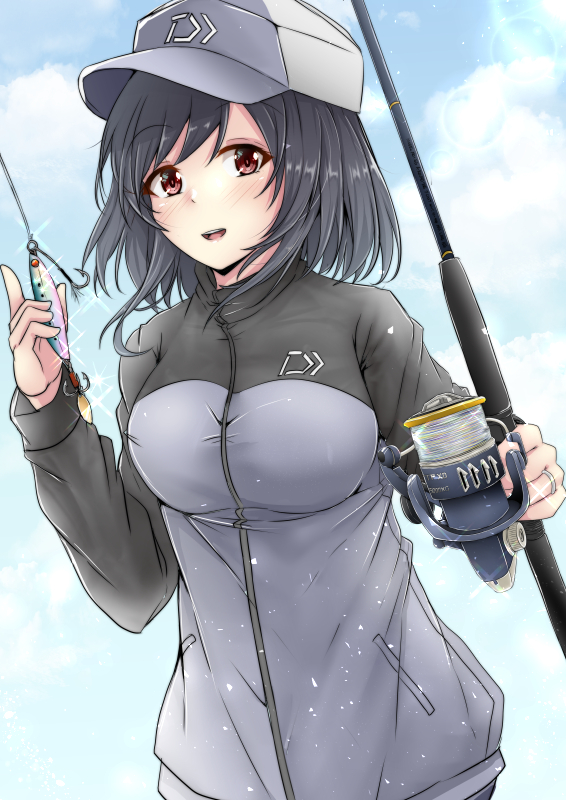 1girl alternate_costume black_hair blue_sky blush breasts clouds eyebrows_visible_through_hair fishing_rod grey_jacket hair_ornament hat jacket jewelry kantai_collection large_breasts looking_at_viewer open_mouth peaked_cap red_eyes ring shohei_(piranha5hk) short_hair sky solo wedding_ring yamashiro_(kantai_collection)