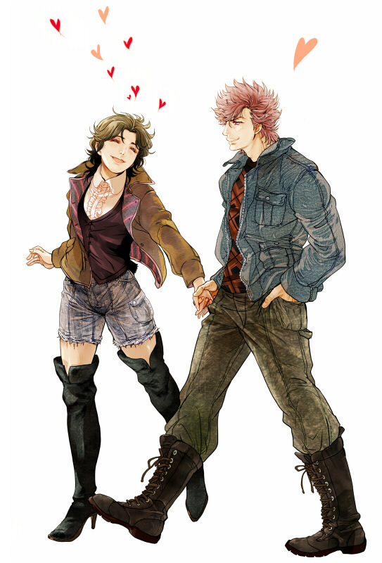 1boy 1girl bat_(hokuto_no_ken) boots brown_hair closed_eyes closed_mouth commentary_request denim hokuto_no_ken jeans jobo_(isi88) lynn pants short_hair shorts simple_background smile white_background