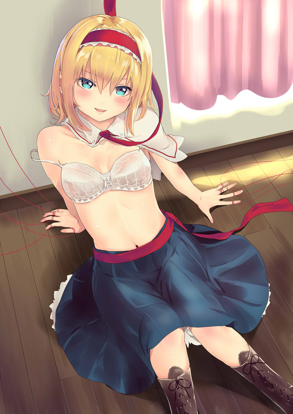 1girl alice_margatroid arm_support bangs bare_arms bare_shoulders blonde_hair blue_eyes blue_skirt blush boots bra breasts brown_footwear capelet cleavage commentary_request cross-laced_footwear culter curtains eyebrows_visible_through_hair feet_out_of_frame frilled_hairband frills from_above hair_between_eyes hairband head_tilt highres indoors lace-up_boots lolita_hairband looking_at_viewer navel parted_lips petticoat puppet_rings puppet_strings red_hairband red_neckwear red_sash sash short_hair sitting skirt small_breasts smile solo stomach strap_slip touhou underwear white_bra white_capelet wooden_floor