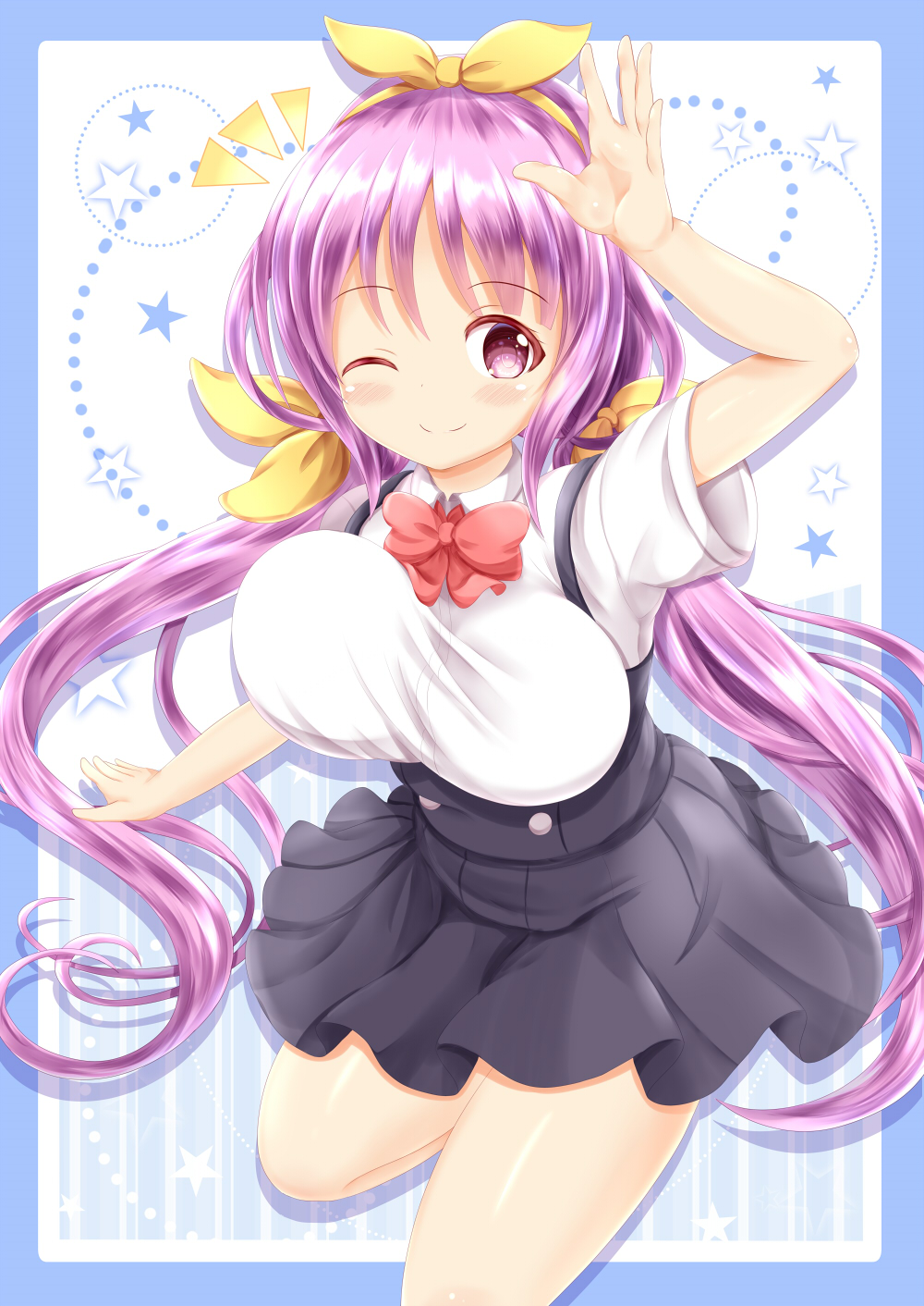 1girl ;) arm_up black_skirt blush bouncing_breasts bow breasts closed_mouth collared_shirt commentary_request dress_shirt hair_ribbon hairband highres large_breasts long_hair notice_lines one_eye_closed original pleated_skirt purple_hair red_bow ribbon shirt short_sleeves skirt smile solo standing standing_on_one_leg star suspender_skirt suspenders twintails very_long_hair violet_eyes white_shirt wide_sleeves yellow_hairband yellow_ribbon zenon_(for_achieve)
