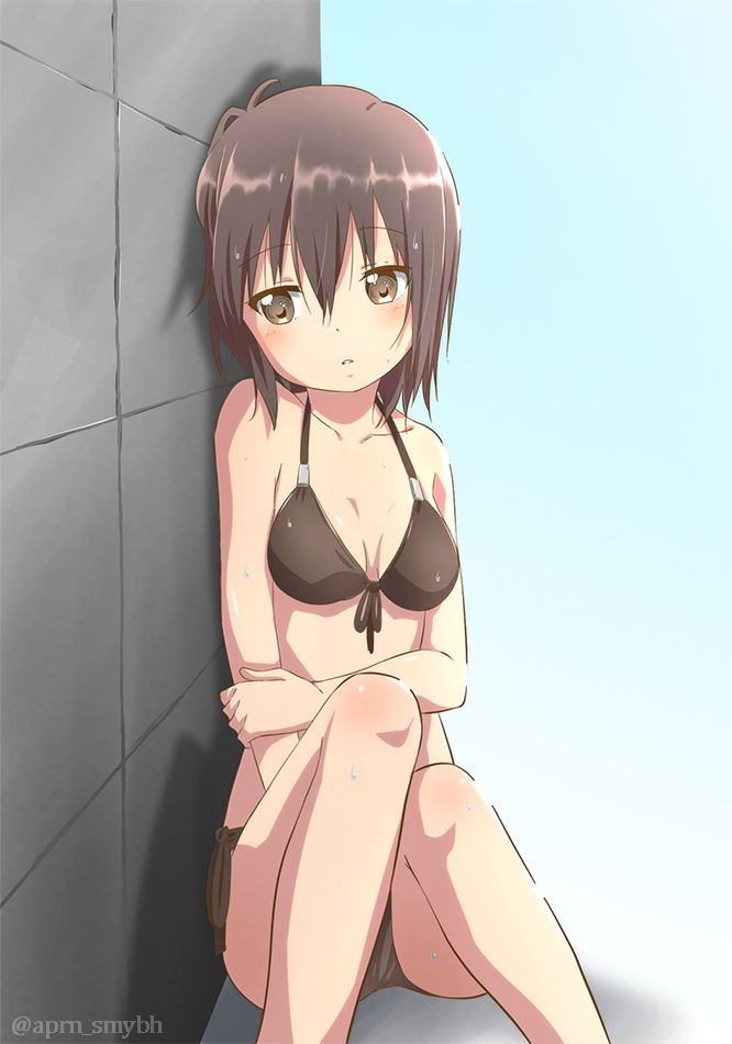 1girl bikini black_bikini blush breasts brown_eyes brown_hair cleavage collarbone funami_yui leaning_to_the_side looking_away medium_breasts open_mouth ren_kon shiny shiny_hair shiny_skin short_hair side-tie_bikini sitting solo sweat swimsuit swimwear wall yuru_yuri