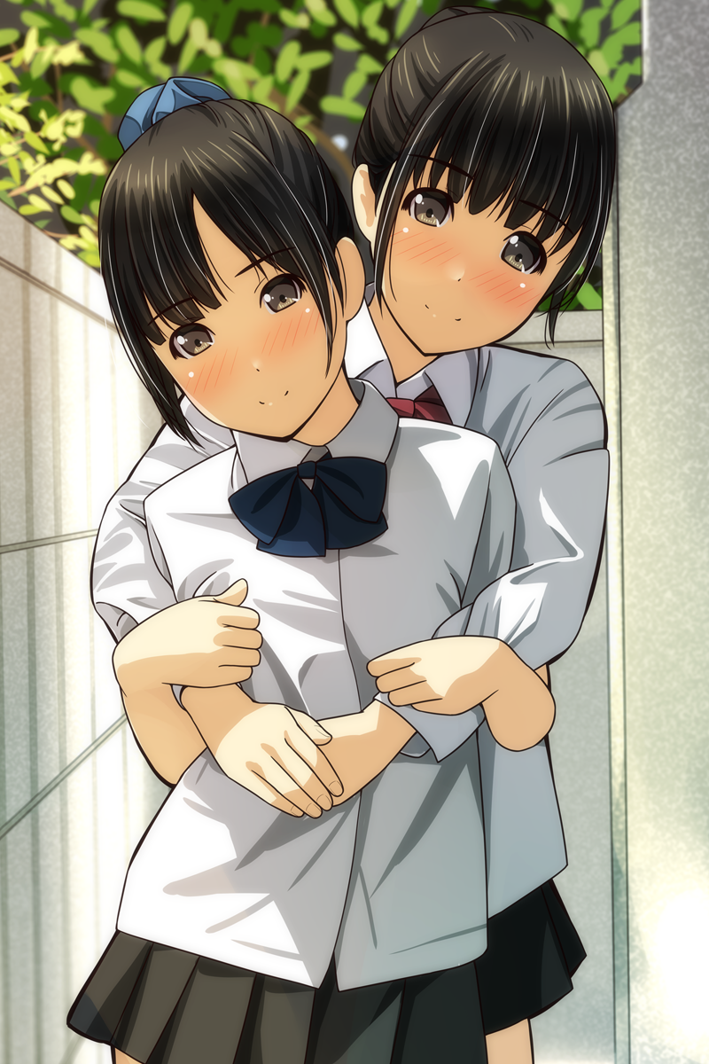 2girls bangs black_hair black_skirt blue_bow blurry blurry_background blush bow brown_eyes closed_mouth collared_shirt commentary_request day depth_of_field eyebrows_visible_through_hair head_tilt highres hug hug_from_behind long_sleeves matsunaga_kouyou multiple_girls nose_blush original outdoors pleated_skirt red_bow school_uniform shirt sidelocks skirt smile white_shirt yuri