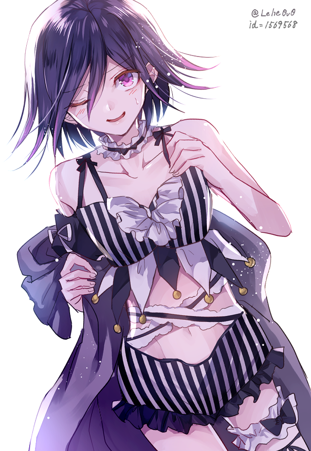 1boy artist_name black_bow black_jacket bow collarbone commentary_request crossdressinging dangan_ronpa eyebrows_visible_through_hair hair_between_eyes jacket looking_at_viewer male_focus medium_hair new_dangan_ronpa_v3 one_eye_closed ouma_kokichi purple_hair shorts shot_shorts simple_background smile white_background z-epto_(chat-noir86)