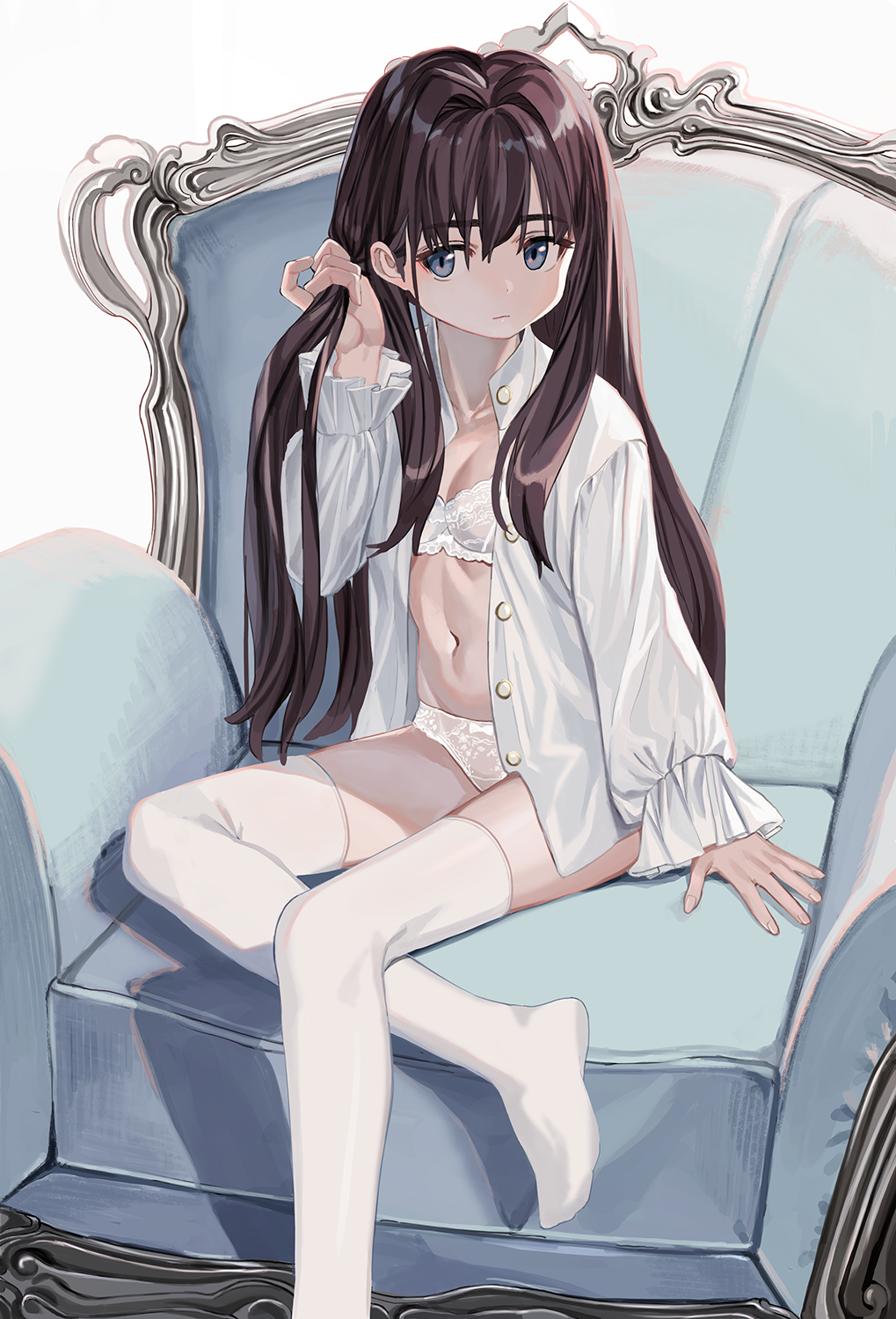 1girl bra breasts brown_hair chair grey_eyes hair_grab highres lingerie long_hair looking_at_viewer luicent navel no_pants no_shoes open_clothes open_shirt original panties shirt sitting small_breasts solo thigh-highs underwear white_bra white_legwear white_panties white_shirt