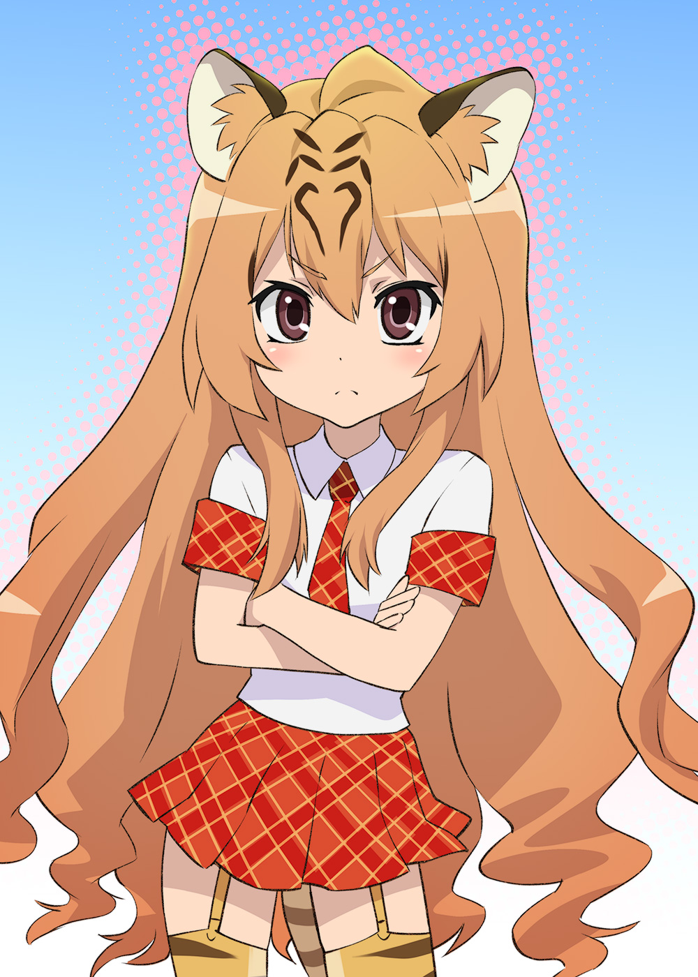 1girl animal_ear_fluff animal_ears animal_print bangs brown_hair commentary_request contrapposto cosplay cowboy_shot crossed_arms eyebrows_visible_through_hair frown fujimura_taiga garter_belt gradient gradient_background hair_between_eyes highres kemono_friends light_brown_hair long_hair looking_at_viewer necktie plaid plaid_neckwear plaid_skirt pleated_skirt print_legwear shirt short_sleeves simple_background skirt solo thigh-highs tiger_(kemono_friends) tiger_(kemono_friends)_(cosplay) tiger_ears tiger_print toradora! ueyama_michirou v-shaped_eyebrows very_long_hair white_shirt