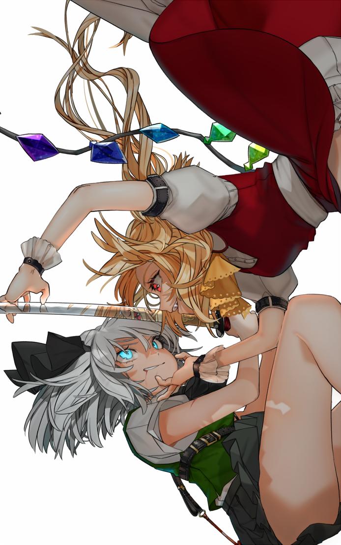 2girls :d ascot ass bangs belt black_belt black_neckwear black_ribbon black_skirt blonde_hair blood blood_from_mouth bloomers blue_eyes breasts clenched_teeth commentary eye_contact face-to-face fang feet_out_of_frame flandre_scarlet glowing glowing_eyes gotoh510 green_skirt green_vest hair_between_eyes hair_ribbon holding holding_sword holding_weapon katana konpaku_youmu leg_strap leg_up looking_at_another miniskirt multiple_girls neck_ribbon no_hat no_headwear open_mouth profile puffy_short_sleeves puffy_sleeves red_eyes red_footwear red_skirt red_vest reflection ribbon shirt shoes short_hair short_sleeves silver_hair simple_background skirt skirt_set small_breasts smile socks sword teeth thighs touhou underwear v-shaped_eyebrows vest weapon white_background white_bloomers white_legwear white_shirt wrist_cuffs yellow_neckwear