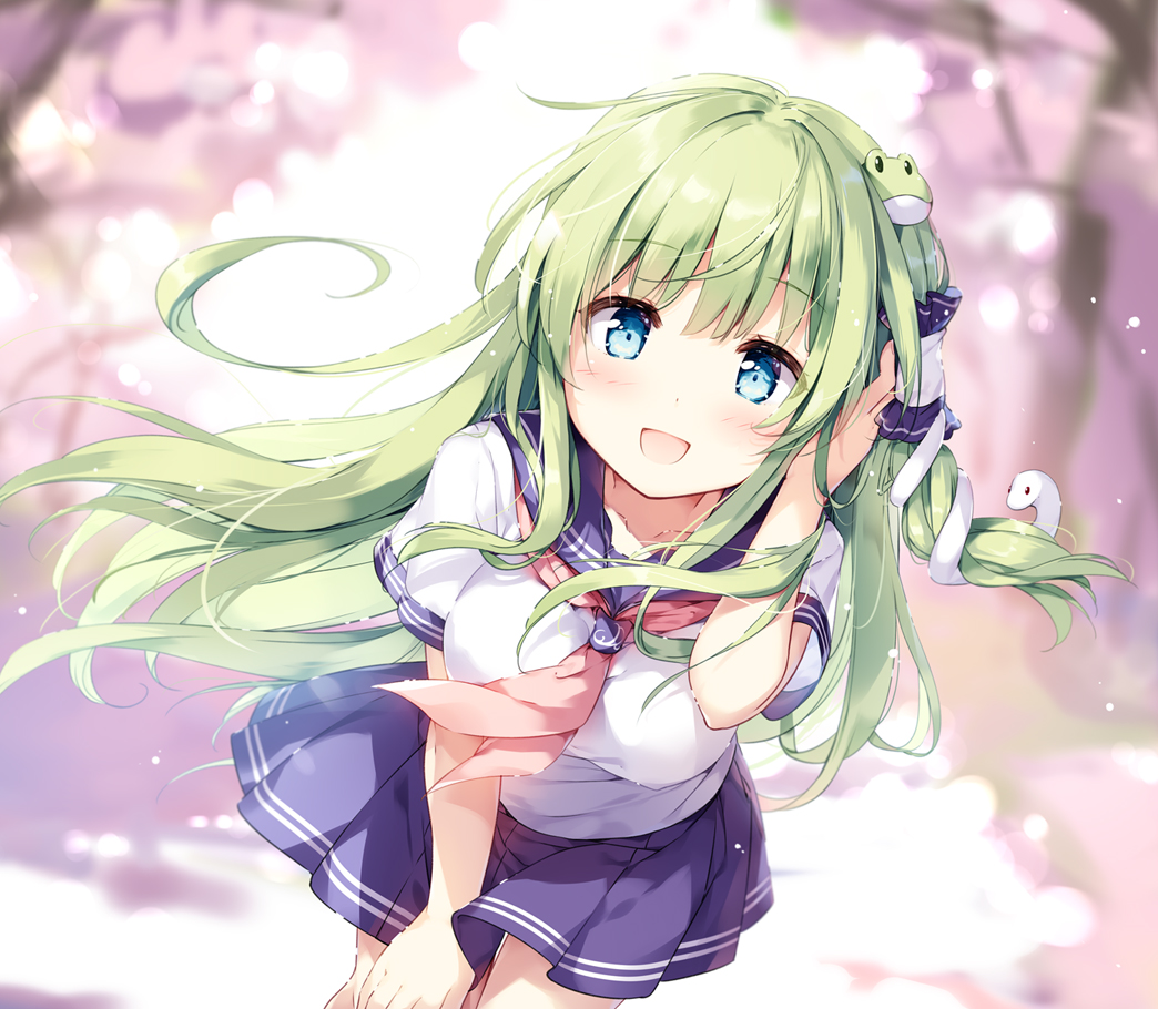 1girl :d alternate_costume bangs blue_eyes blue_sailor_collar blue_skirt blurry blurry_background blush breasts cherry_blossoms commentary_request contemporary cowboy_shot eyebrows_visible_through_hair frog_hair_ornament green_hair hair_ornament hair_tubes hand_in_hair hand_up kochiya_sanae leaning_forward light_particles long_hair looking_at_viewer medium_breasts miniskirt miyase_mahiro neckerchief open_mouth pleated_skirt red_neckwear sailor_collar school_uniform serafuku skirt smile snake_hair_ornament solo standing touhou white_serafuku