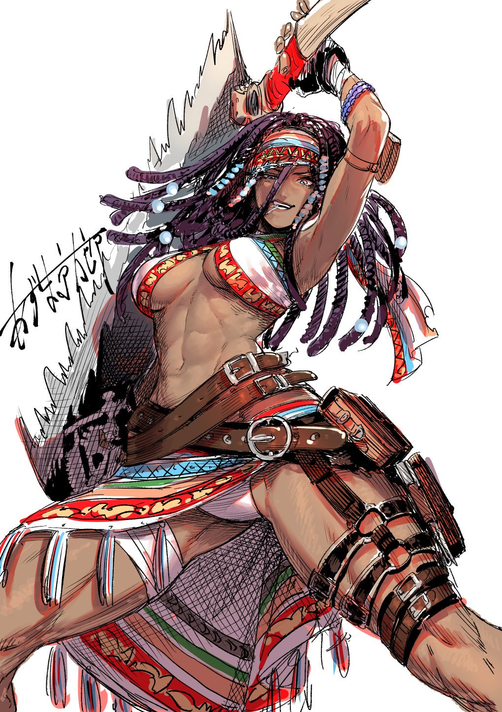 1girl abs azuma_kyoutarou_(artist) beads belt breasts buckle contrapposto cowboy_shot cropped_legs dark_skin darli_dagger evil_smile fingerless_gloves gloves hair_beads hair_between_eyes hair_ornament hair_tubes hairlocs halterneck highres holding holding_weapon holster huge_weapon jewelry long_hair looking_at_viewer medium_breasts muscle muscular_female navel samurai_spirits saw_cleaver simple_background skirt smile snk solo standing thick_thighs thighs weapon white_background