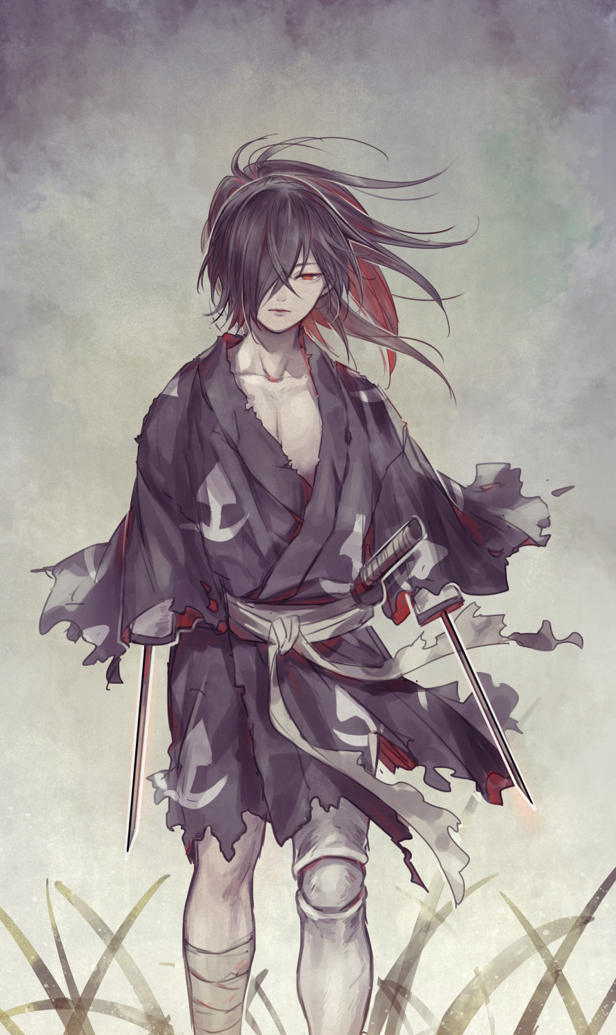 1boy araratake bandage bandaged_leg bandages black_hair dororo_(tezuka) grey_background hair_over_one_eye highres hyakkimaru_(dororo) japanese_clothes katana long_hair looking_at_viewer male_focus ponytail prosthesis prosthetic_arm prosthetic_weapon red_eyes serious sheath simple_background solo standing sword weapon