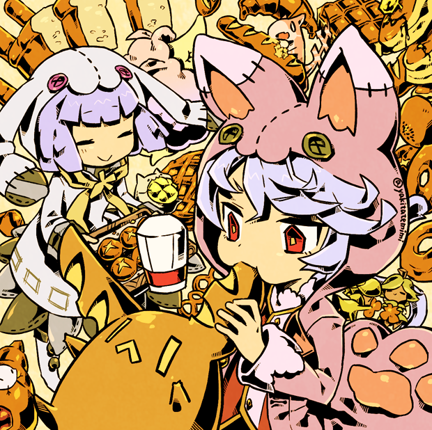 2girls animal_hood bread bunny_hood button_eyes cat cat_hood cel_shading creature eating food hood lavender_hair multiple_girls original red_eyes short_hair yakitatepannomimi