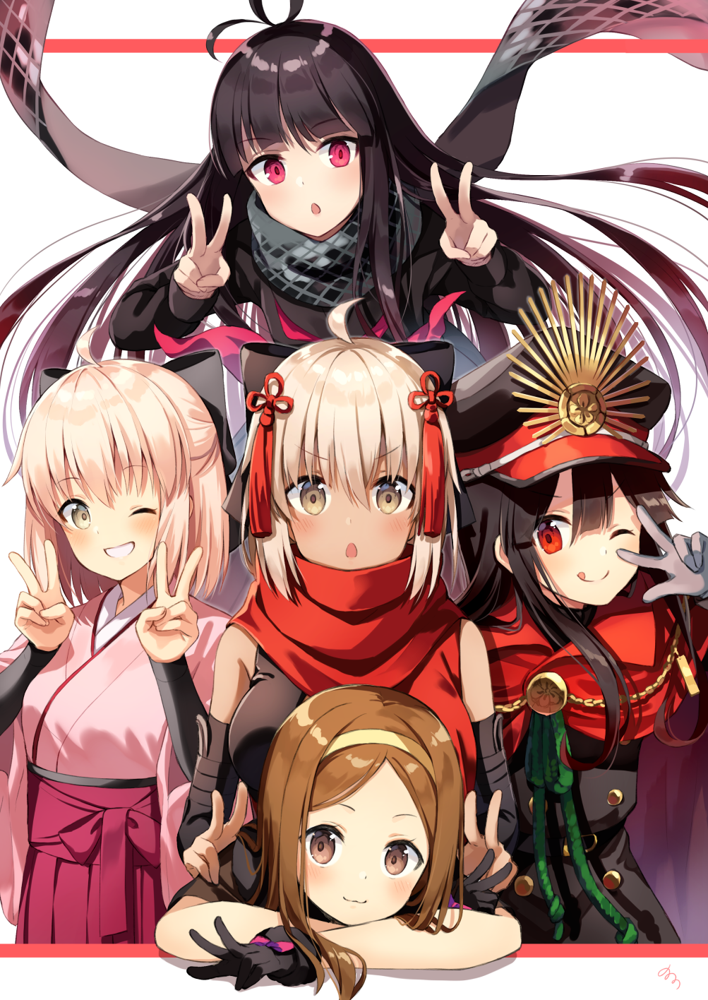 5girls ;q ahoge argyle black_bow black_gloves black_hair bow brown_eyes brown_hair chacha_(fate/grand_order) double_v dual_persona fate/grand_order fate_(series) gloves grey_eyes grin hair_bow hairband hakama hat highres japanese_clothes kimono long_hair looking_at_viewer multiple_girls nonono oda_nobunaga_(fate) okita_souji_(alter)_(fate) okita_souji_(fate) okita_souji_(fate)_(all) one_eye_closed oryou_(fate) pink_kimono red_eyes red_hakama red_scarf scarf short_hair simple_background smile tongue tongue_out upper_body v white_background white_hair yellow_hairband